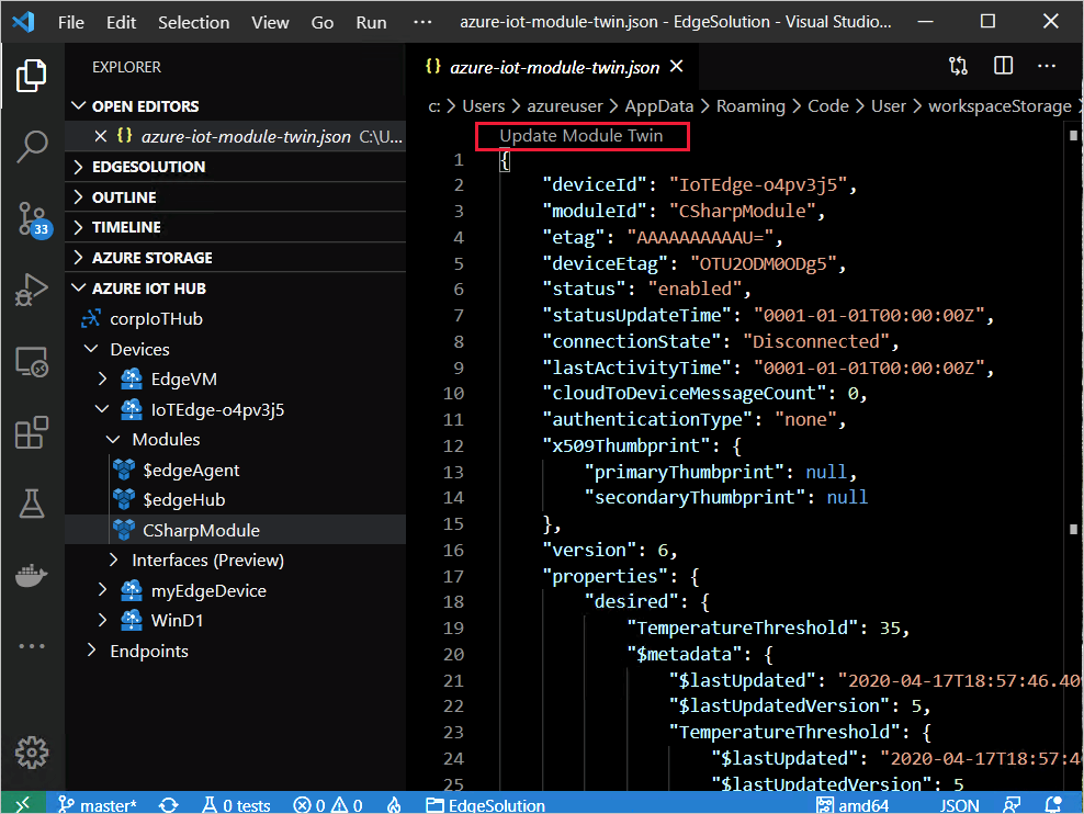 屏幕截图显示了如何在 Visual Studio Code 中更新模块孪生。