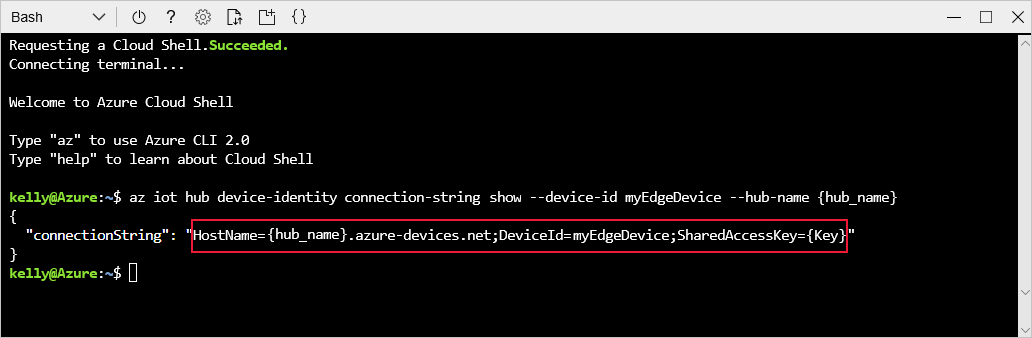 屏幕截图显示本地 Shell 中的 connectionString 输出。