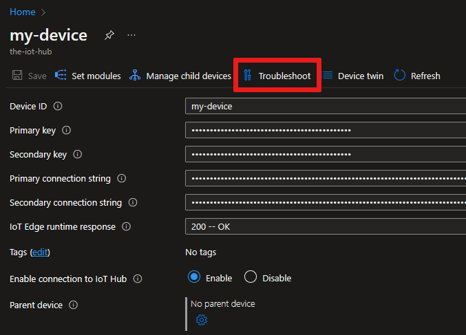 Azure 门户上设备详细信息页中的“故障排除”选项卡位置的屏幕截图。