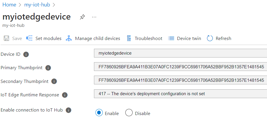 Azure 门户中 IoT 中心设备设置的截图。证书指纹字段显示值。