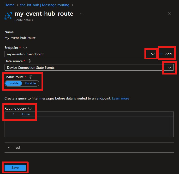 Screenshot that shows where and how to modify an existing IoT hub route.
