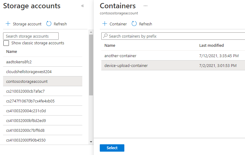 Screenshot showing how to view storage containers for file upload.