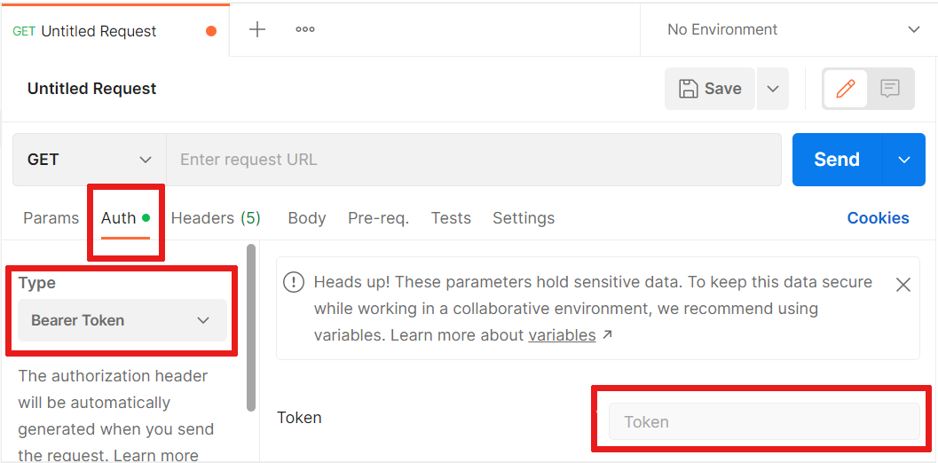 Screenshot that shows how to select the Bearer Token type of authorization in **Postman**.