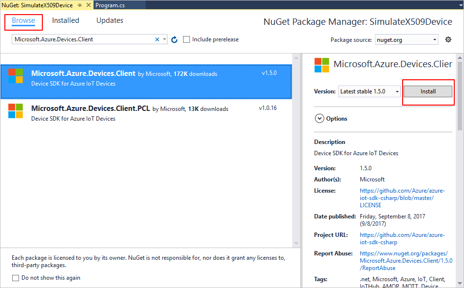 在 Visual Studio 中添加设备 SDK NuGet 包