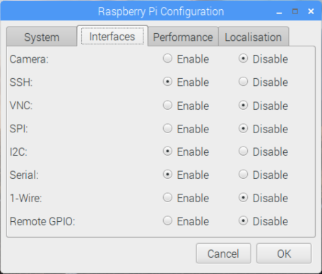 屏幕截图显示了用于在 Raspberry Pi 上启用 I2C 和 SSH 的配置。