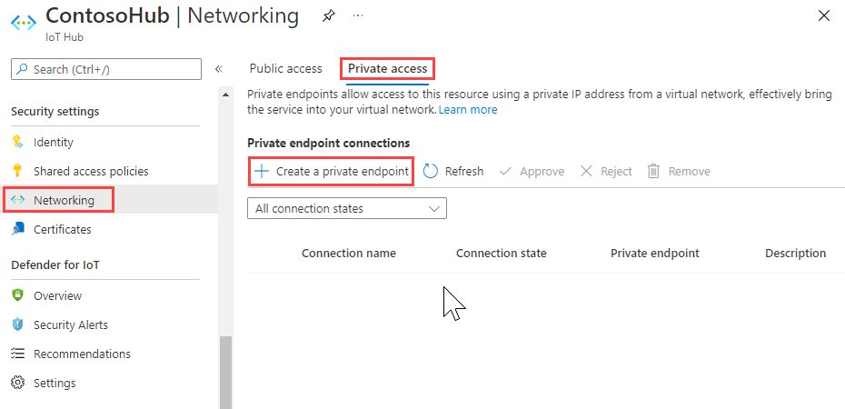 Screenshot showing where to add private endpoint for IoT Hub