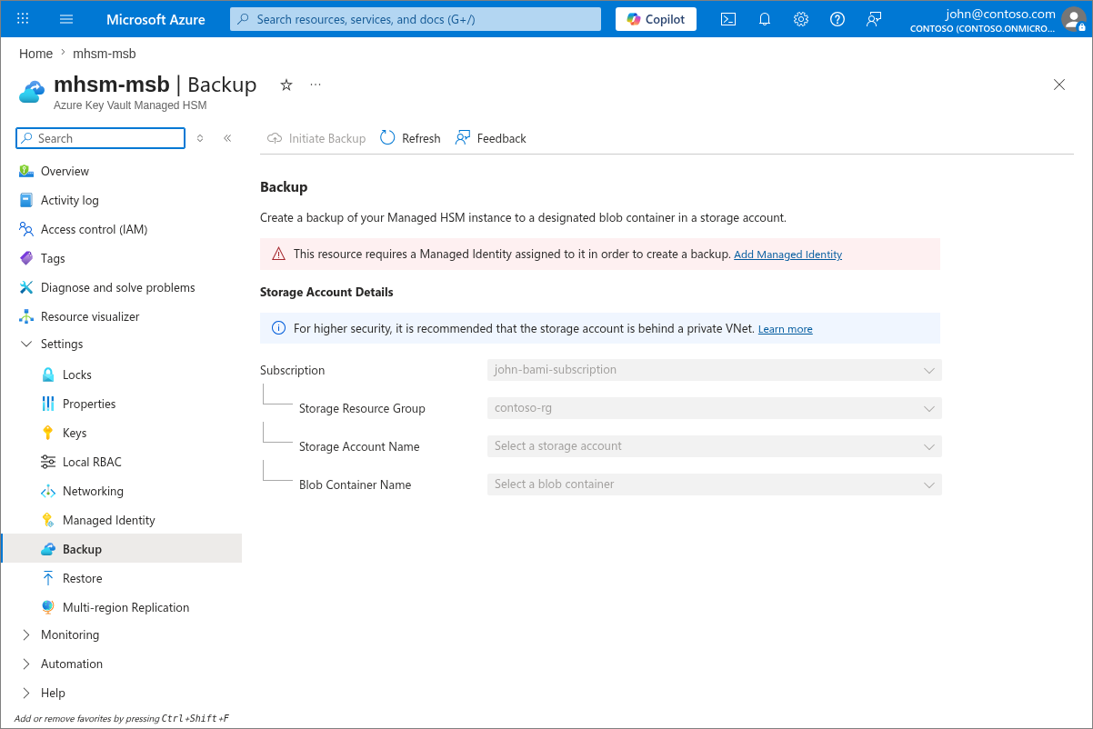Azure 门户中托管 HSM 备份边栏选项卡的屏幕截图。