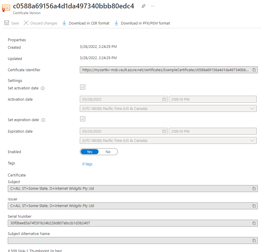 Properties of a newly imported certificate in the Azure portal