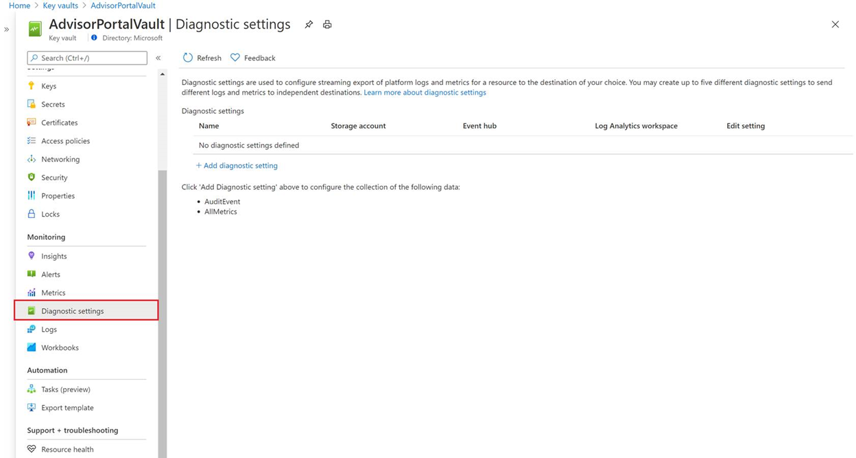 Screenshot that shows how to select diagnostic settings.