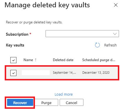 On Manage deleted key vaults, the only listed key vault is highlighted and selected, and the Recover button is highlighted.