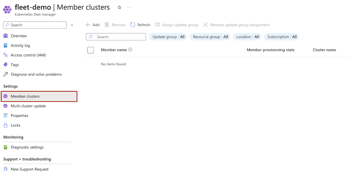 Azure Kubernetes 舰队管理器成员群集的 Azure 门户页的屏幕截图。