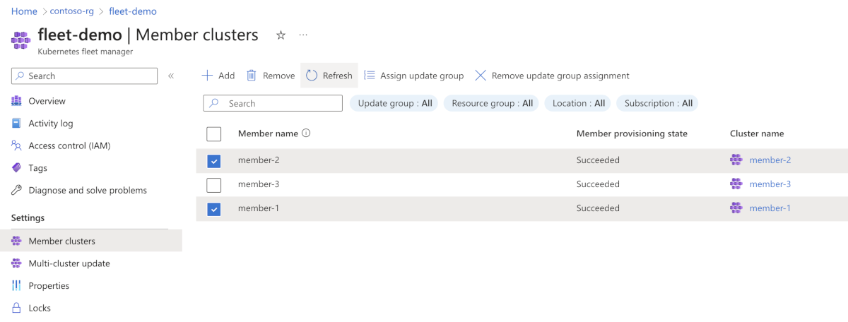 用于将现有成员群集分配到组的 Azure 门户页的屏幕截图。