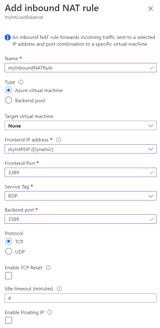 Screenshot of Add inbound NAT Rule page for Azure Virtual Machines