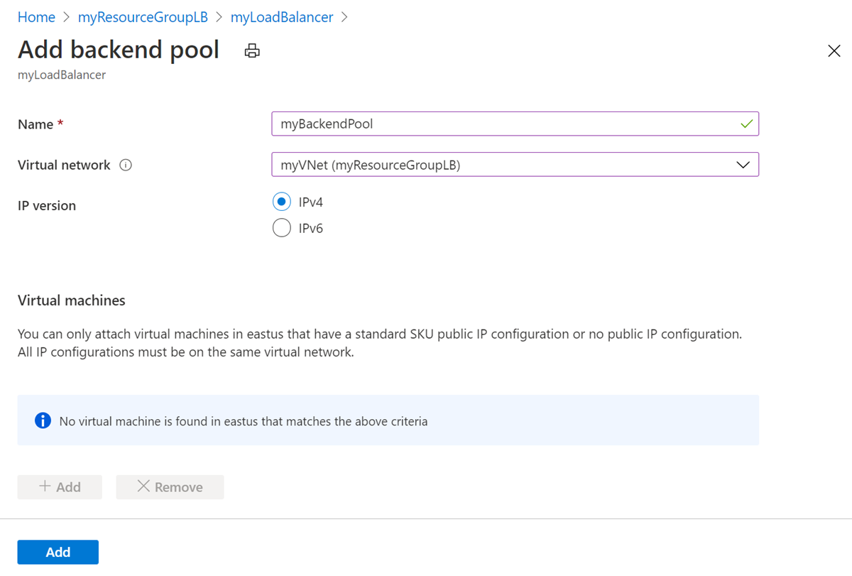 Create backend pool page.