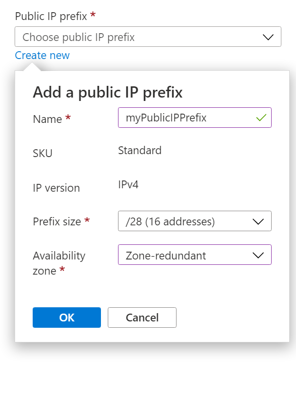 Screenshot of create Public IP prefix.