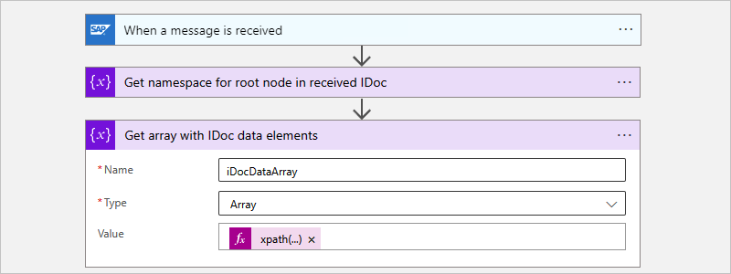 Screenshot shows the expression to get an array of IDocs for a Consumption workflow.