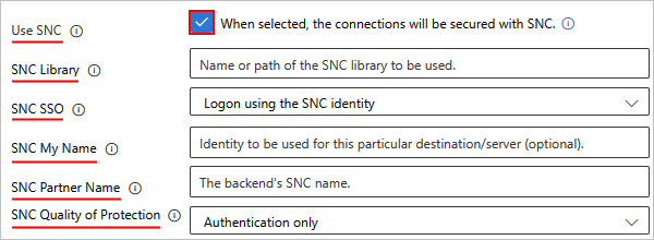 显示启用 SNC 的消耗的 SAP 连接设置的屏幕截图。