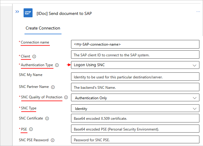 显示启用 SNC 的标准工作流的 SAP 内置连接设置的屏幕截图。