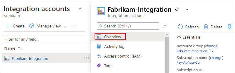 Screenshot shows Azure portal with integration accounts list and integration account menu with Overview selected.