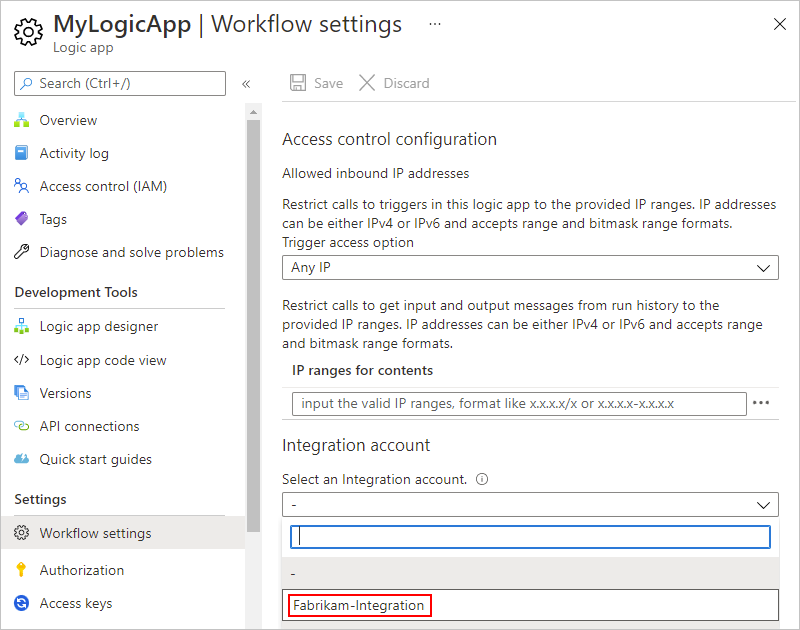 Screenshot shows Azure portal, integration account menu with open page named Workflow settings, and opened list named Select an Integration account.