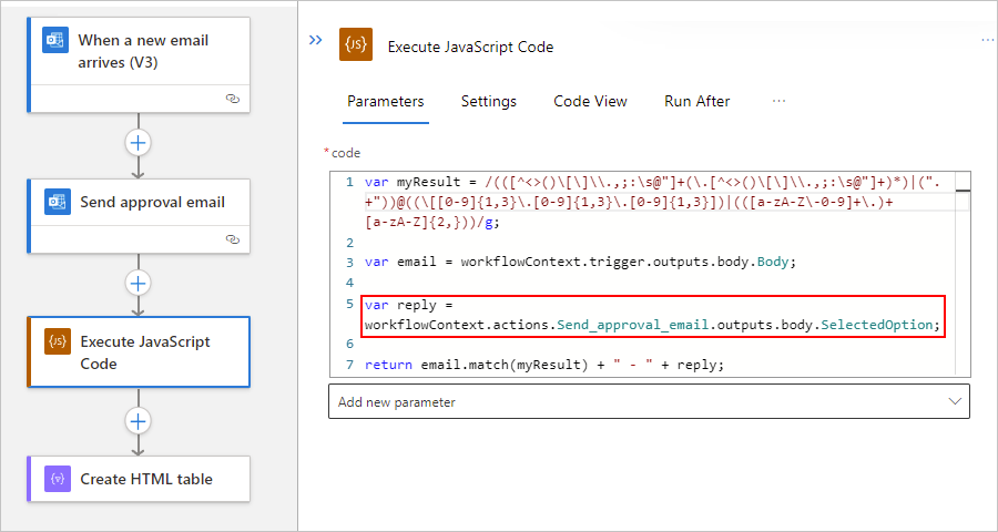 显示消耗型工作流和“执行 JavaScript 代码”操作的屏幕截图，其中包含已更新的示例代码片段。