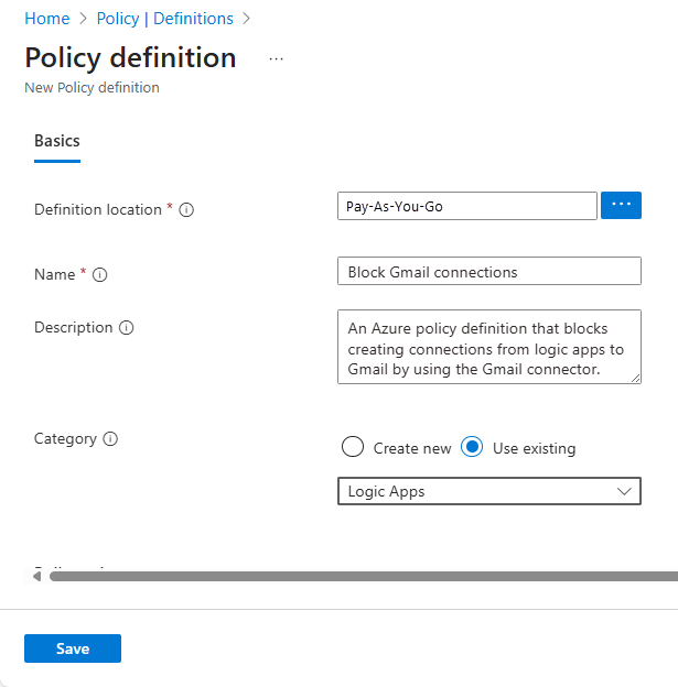 屏幕截图显示了阻止 Gmail 的策略定义值。