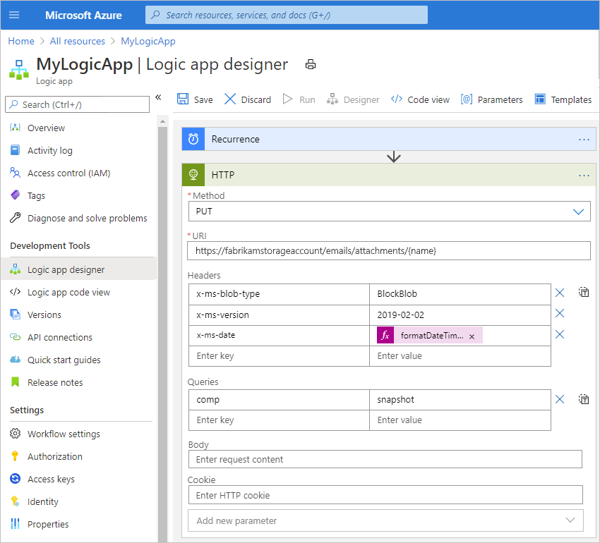 Screenshot showing Azure portal with Consumption logic app workflow and HTTP action set up to access resource.