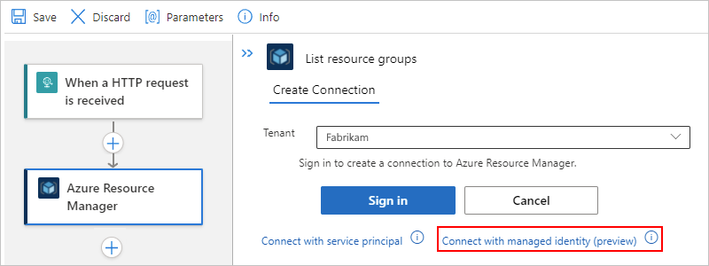 Screenshot showing Azure Resource Manager action and 