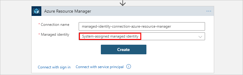 Screenshot showing Azure Resource Manager action with the connection name entered and 