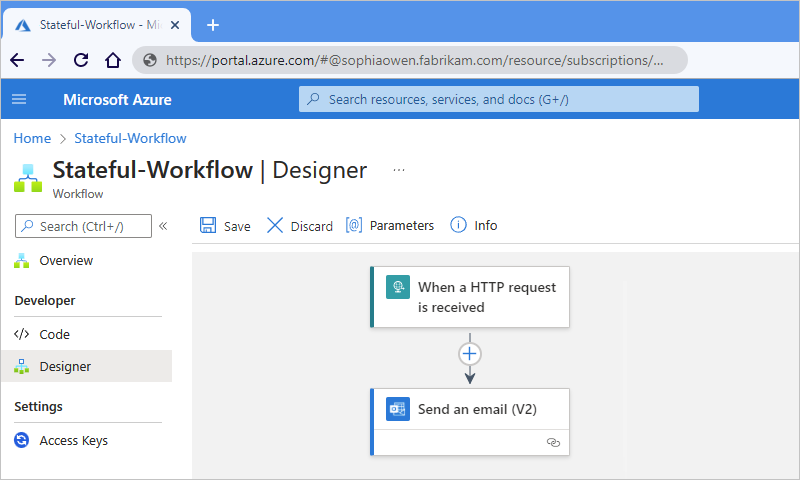 Screenshot that shows the Azure portal with the workflow designer for the 