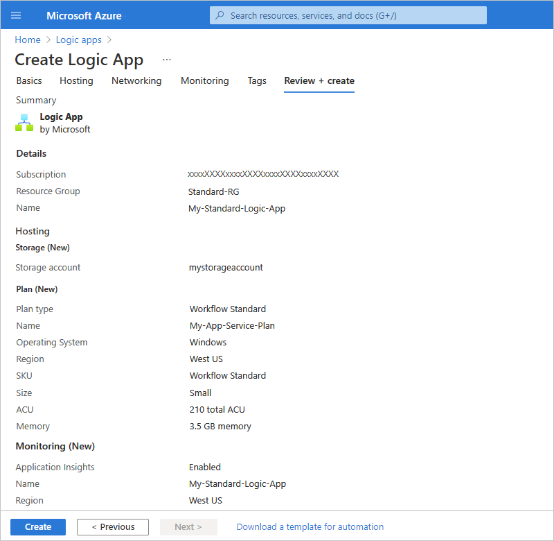 屏幕截图显示了 Azure 门户和新的逻辑应用资源设置。
