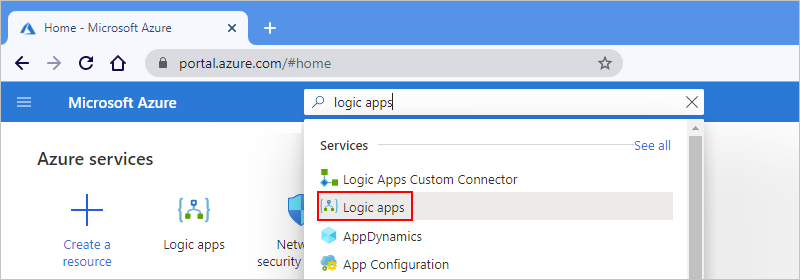 屏幕截图显示了 Azure 门户的搜索框，其中包含“逻辑应用”搜索词，并且“逻辑应用”组处于选中状态。