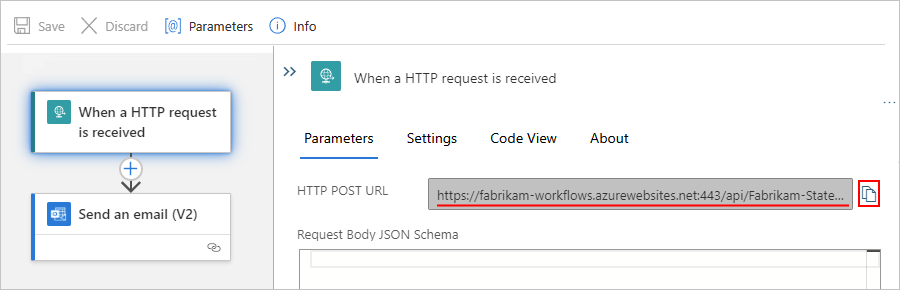 屏幕截图显示了包含请求触发器的设计器，以及“HTTP POST URL”属性中的终结点 URL。
