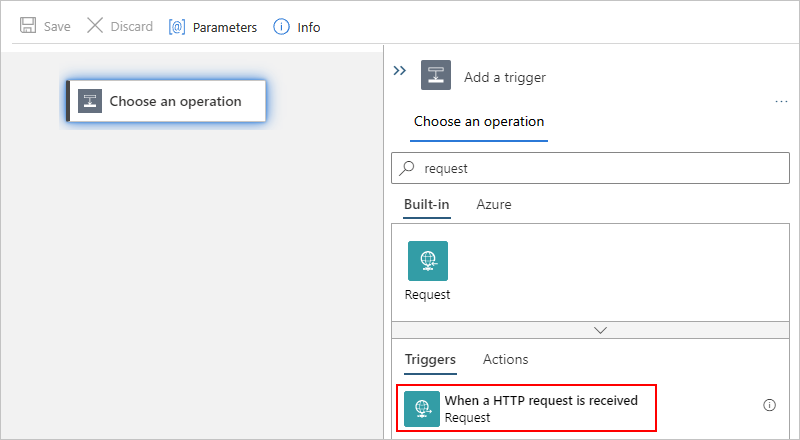 Screenshot that shows the designer and Add a trigger pane with 