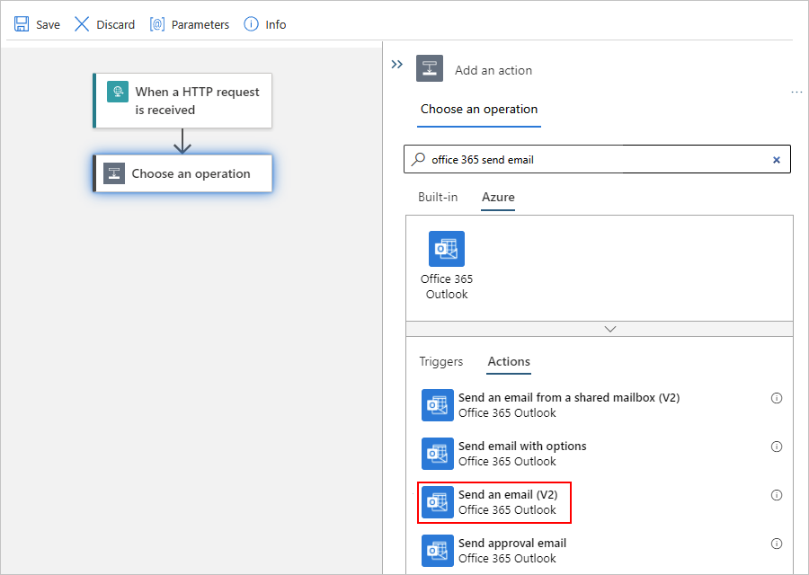 Screenshot that shows the designer and the Add an action pane with the Office 365 Outlook 