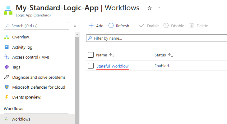 Screenshot that shows the newly added blank stateful workflow 