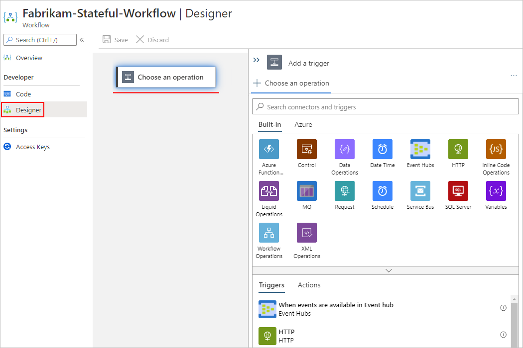 Screenshot that shows the opened workflow designer with 