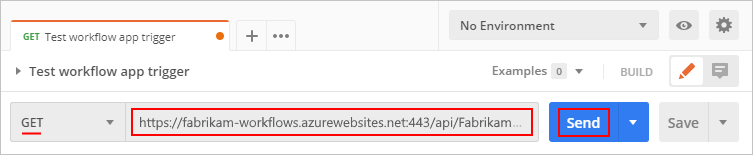 Screenshot that shows Postman and endpoint URL in the address box with Send button selected