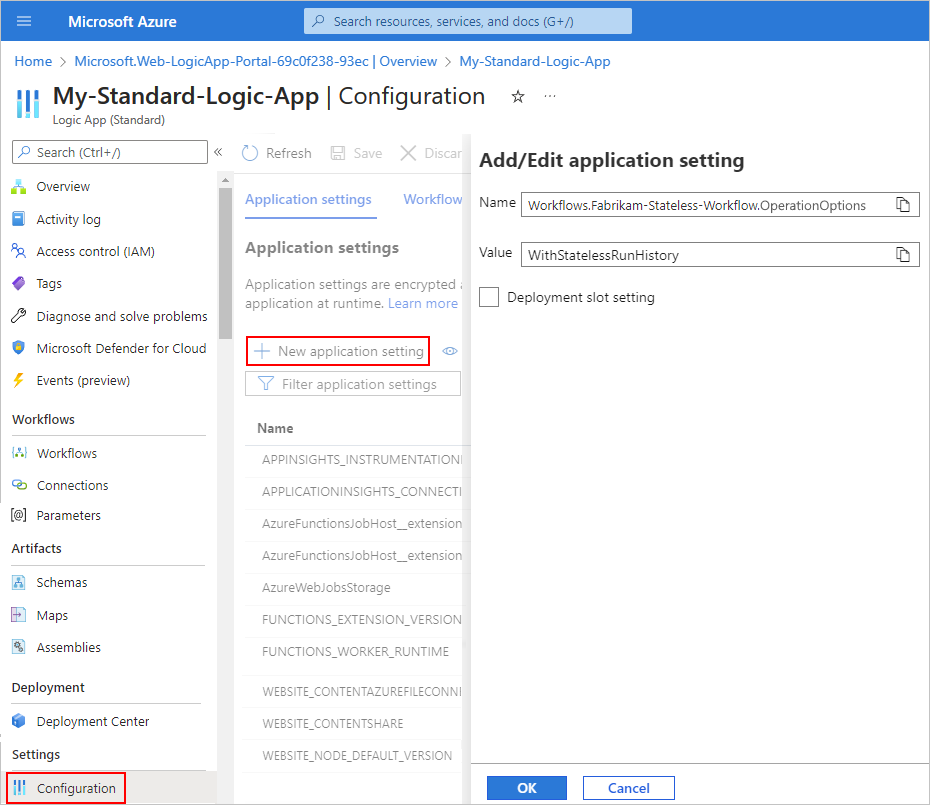Screenshot that shows the Azure portal and Logic App (Standard) resource with the 