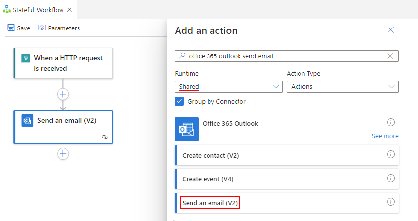 Screenshot that shows the workflow designer and Add an action pane with Office 365 Outlook 