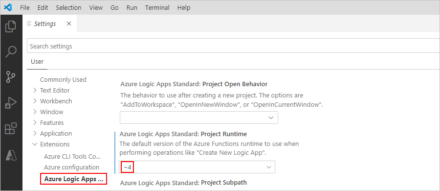屏幕截图显示了“Azure 逻辑应用(标准版)”扩展的 Visual Studio Code 设置。