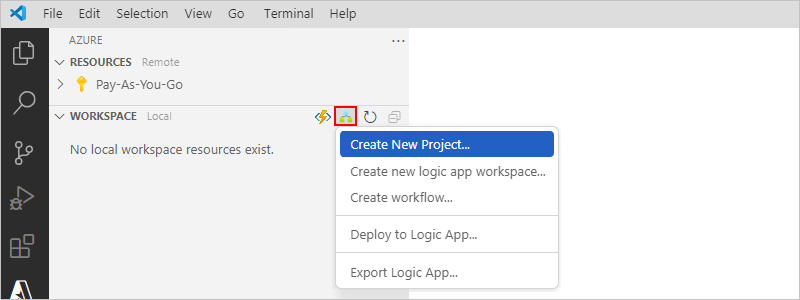 屏幕截图显示了 Azure 窗格工具栏，其中的“创建新项目”处于选中状态。