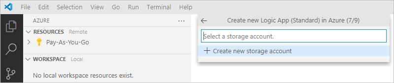 屏幕截图显示了“Azure: 逻辑应用(标准版)”窗格，其中提示创建或选择一个存储帐户。