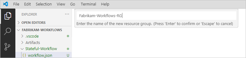 屏幕截图显示了“资源管理器”窗格和资源组名称框。