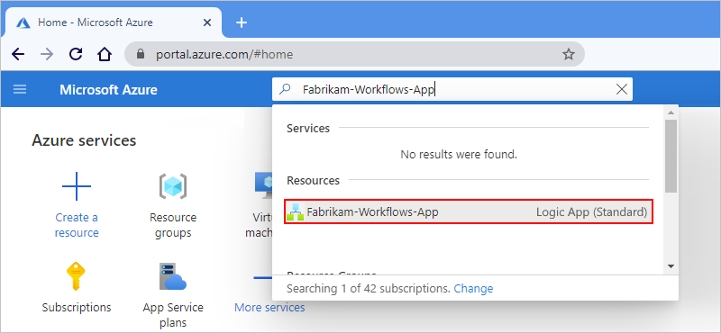 屏幕截图显示了Azure 门户和搜索栏，后者包含了针对已部署逻辑应用的搜索结果（显示为选中状态）。