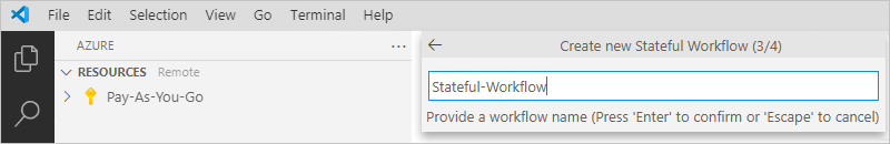 屏幕截图显示了“创建新的有状态工作流(3/4)”框和工作流名称“Fabrikam-Stateful-Workflow”。