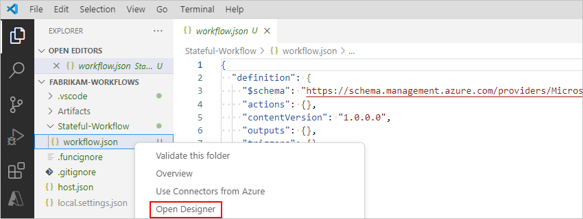 Screenshot that shows Explorer pane and shortcut window for the workflow.json file with 