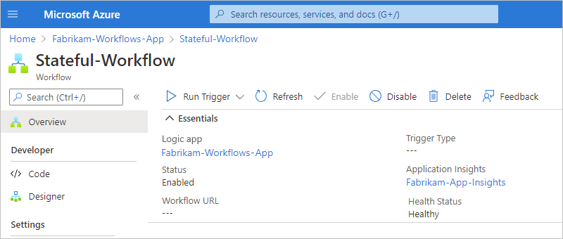 Screenshot that shows the selected workflow with management and review options.