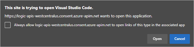 屏幕截图显示了打开 Visual Studio Code 链接的提示。