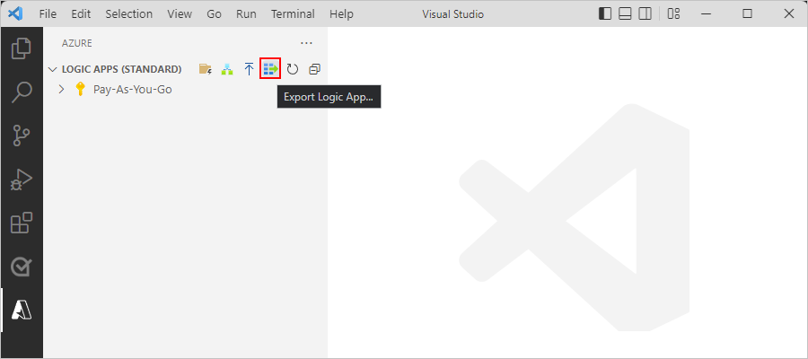 Screenshot showing Azure window, Workspace section toolbar, and Export Logic App selected.